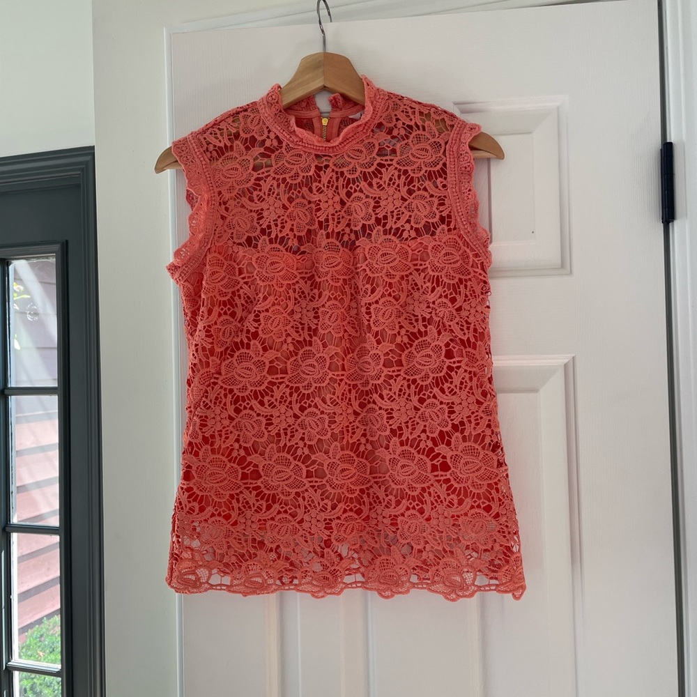 Beautiful, salmon colored, Lacey,  zip-up sleeveless top.